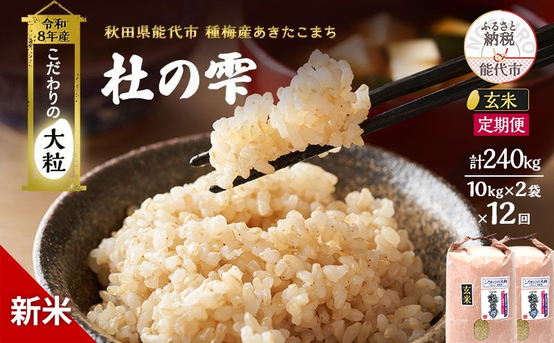 
                  新米 先行予約 令和8年産[玄米]【定期便12ヶ月】秋田県産 あきたこまち 20kg(10kg×2)×12回 計240kg 「杜の雫」こだわりの大粒 種梅産【 お米 おこめ たねうめ 精米 ご飯 ごはん ブランド米 大粒 おにぎり 産地直送 能代 】
                