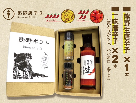 <テレビで紹介されました> 熊野唐辛子ギフト?（一味唐辛子（黄とうがらし）１本+一味唐辛子（ハバネロ）１本＋生唐辛子）　 希少 国産唐辛子【kmng0012】