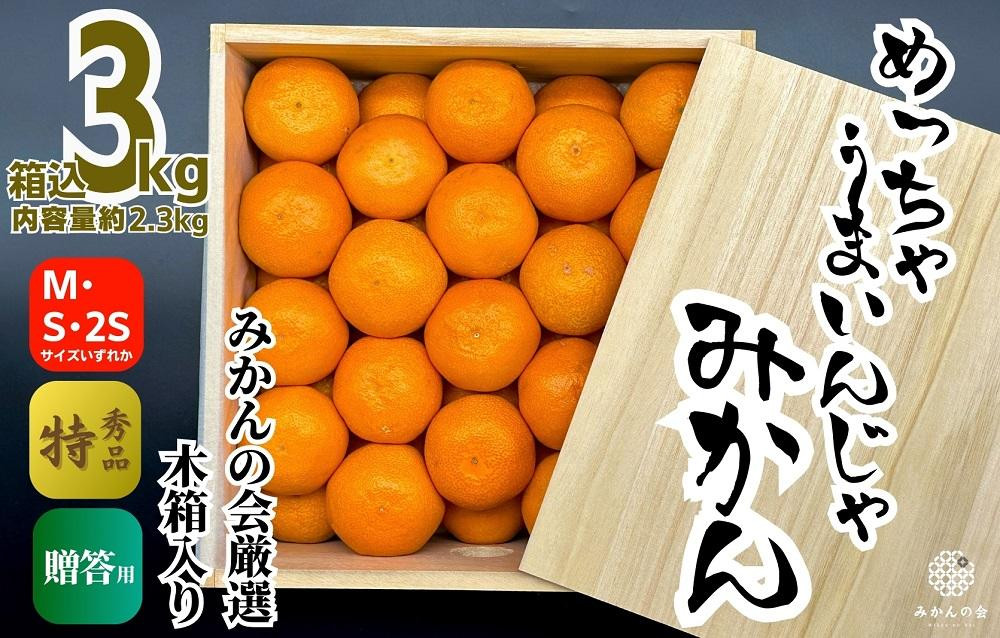 
みかん めっちゃうまいんじゃ 木箱入 約3kg （内容量2.3kg）みかんの会厳選 特選品 M S 2S サイズのいずれか 和歌山県産 産地直送 S品 贈答用 【みかんの会】
