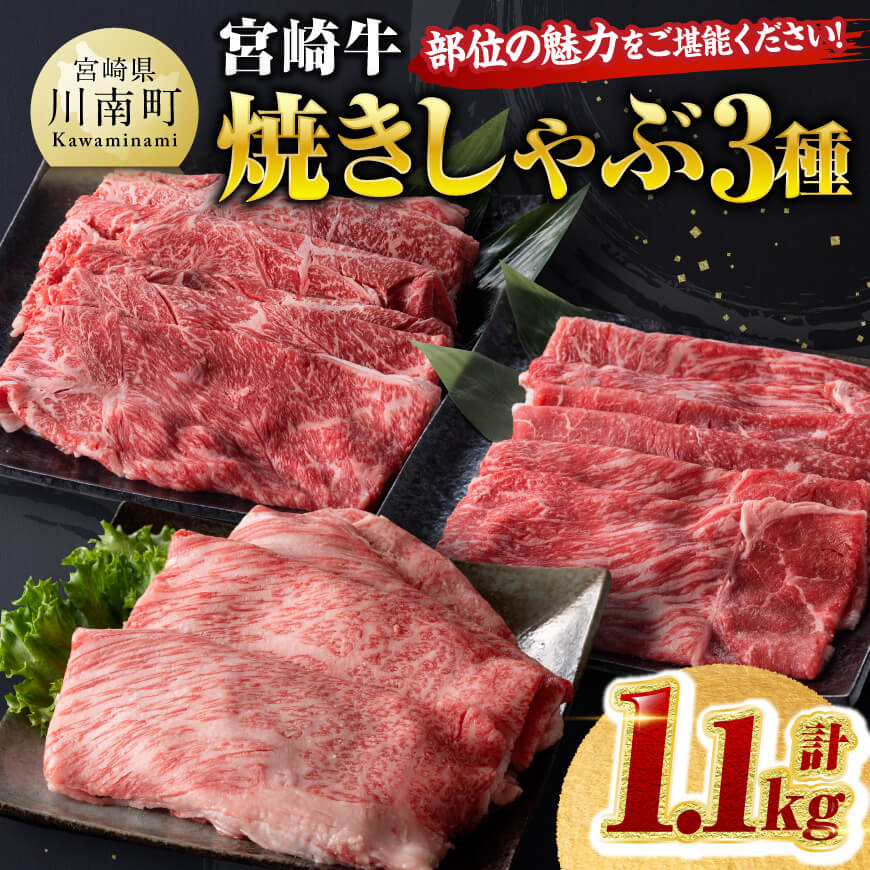 宮崎牛 焼きしゃぶ 3種 計1.1kg　牛肉 焼きしゃぶ すき焼き[D00626]