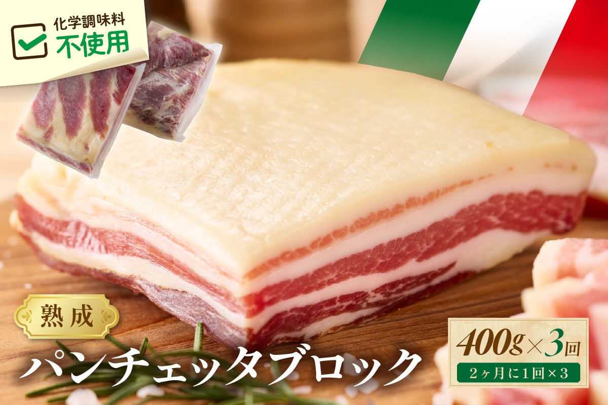 
                  【定期便 隔月×3回】パンチェッタブロック（豚バラ肉の塩漬け）約200g×2袋　ベーコン ブロック・豚バラブロック・ブロック肉・豚肉・豚バラ・パンチェッタ・塩豚・無添加・熟成・生ベーコン　NI00024
                