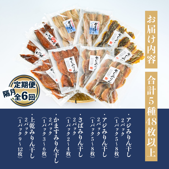 四代続く秘伝のたれ みりん干しセット (合計5種・48枚以上×隔月6回) 干物 ひもの 魚 さかな 鯵 あじ 鯖 さば かます 醤油 食べ比べ おかず 国産 詰め合わせ セット 大分県 佐伯市  【F