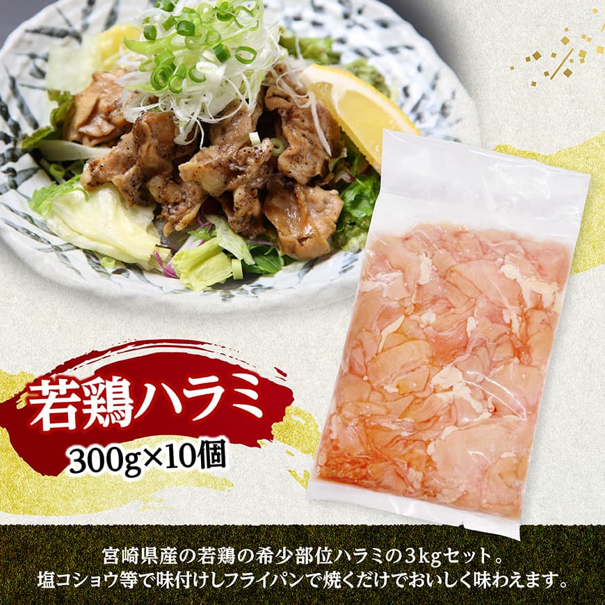 宮崎県産若鶏　ハラミ3kg（300g×10） 【 鶏肉 鶏 ハラミ 肉 宮崎県産 小分け パック 送料無料 】