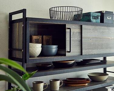 【開梱設置】食器棚 レンジ台 アイン 上台引き戸タイプ 幅119.7cm ブルックリン キッチンボード キッチン収納 おしゃれ 家具 大川家具 幅120cm 収納家具 棚 アイアンフレーム