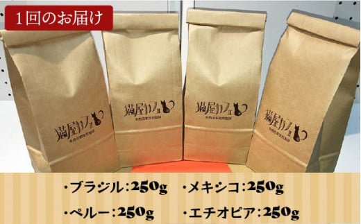 【全6回定期便】申込後に自家焙煎！魅惑のスペシャルティ コーヒー 4種セット【豆】1kg＜自家焙煎珈琲 猫屋カフェ＞那珂川市 コーヒー豆 珈琲 珈琲豆 ホットコーヒー 大容量 定期便 [GG014]