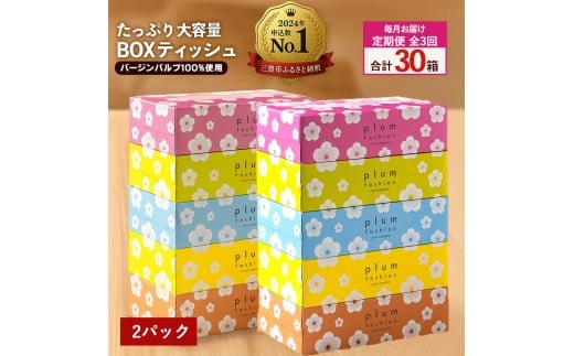 MH140-0132_【ふるさと納税】 ティッシュ ティッシュペーパー 「 大容量 プラムファッション BOXティッシュ 2パック (ケース10個入り)  定期便 全3回(毎月) 」 [ 常備品 生活用品 まとめ買い 蛍光染料不使用 日用品 日用雑貨 日用消耗品 ]