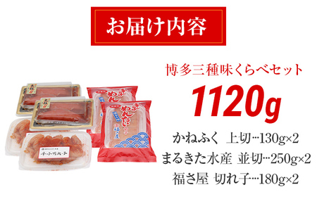 辛子明太子 博多三種味くらべセット大盛 1120g(かねふく上切130g×2、まるきた水産並切250g×2、福さ屋 切れ子180g×2) かねふく 上切 まるきた水産 並切 福さ屋 切れ子