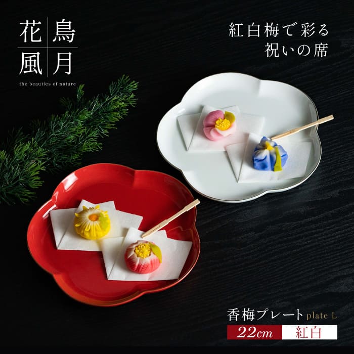 【ふるさと納税】【紅白梅で彩る祝いの席】22cm 香梅プレート L 紅白 2枚セット【金照堂】有田焼 祝いの席 ハレの日 正月 大皿 プレート 食器セット 器 皿 bj044