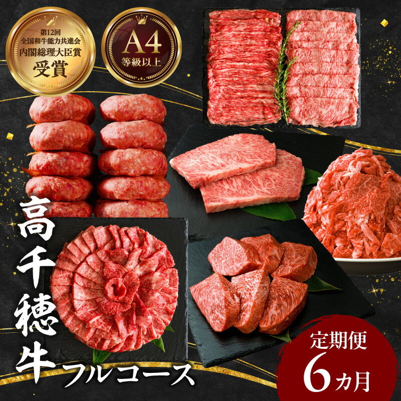 【ふるさと納税】宮崎県産黒毛和牛A4等級以上 高千穂牛フルコース（6ヶ月定期便）牛肉 肉 お肉 精肉 定期便 サーロイン 焼肉 ロース カルビ こま肉 モモ ハンバーグ しゃぶしゃぶ すき焼き すきしゃぶ 薄切り スライス 宮崎県 高千穂町 送料無料
