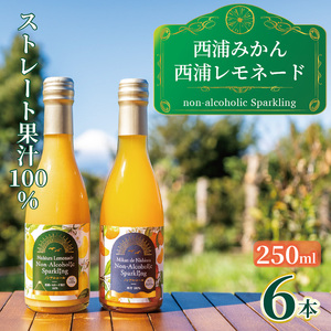 オレンジ ジュース スパークリング ストレート 果汁 100％ 温州 みかん 西浦 レモネード 250ml×6本 飲み比べ セット静岡 沼津