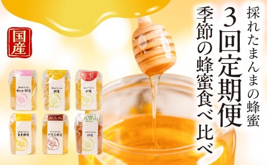 【国産蜂蜜】 季節の蜂蜜食べ比べ定期便　3回  (各90g×2回）　　レンゲ 菜の花 もち とち 白花豆 大雪山