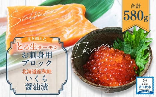 
生を超えた「とろ生サーモン」と 北海道産秋鮭 いくら醤油漬 セット 計580g
