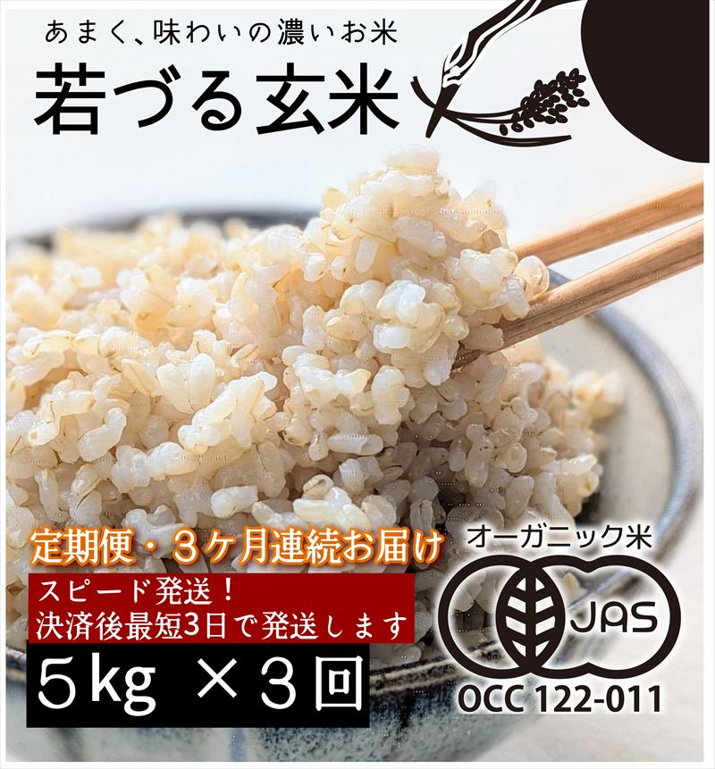 【定期便3ヶ月】有機JAS 多可町 きぬむすめ 玄米 5kg×3回 計15kg 農園若づる 有機栽培 オーガニック アイガモ 合鴨農法 無農薬 無化学肥料 即納 [1389]