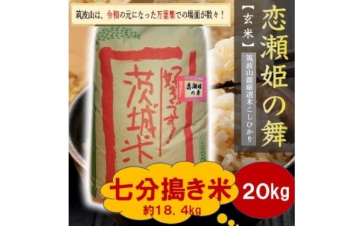 ＜玄米20kg⇒七分搗き米＞筑波山麓厳選★検査1等米こしひかり＜恋瀬姫の舞＞令和7年産【1733487】
