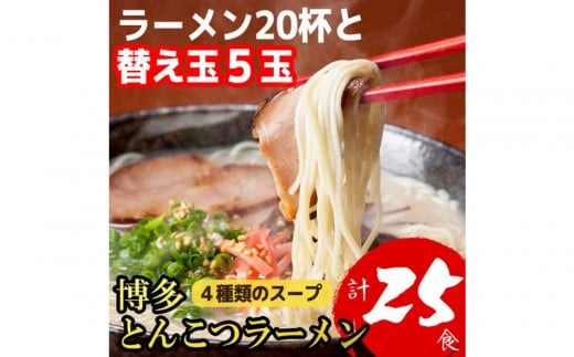 
            博多とんこつラーメン20杯分と替え玉5玉の計25食分！4種類本場博多スープ付き
          