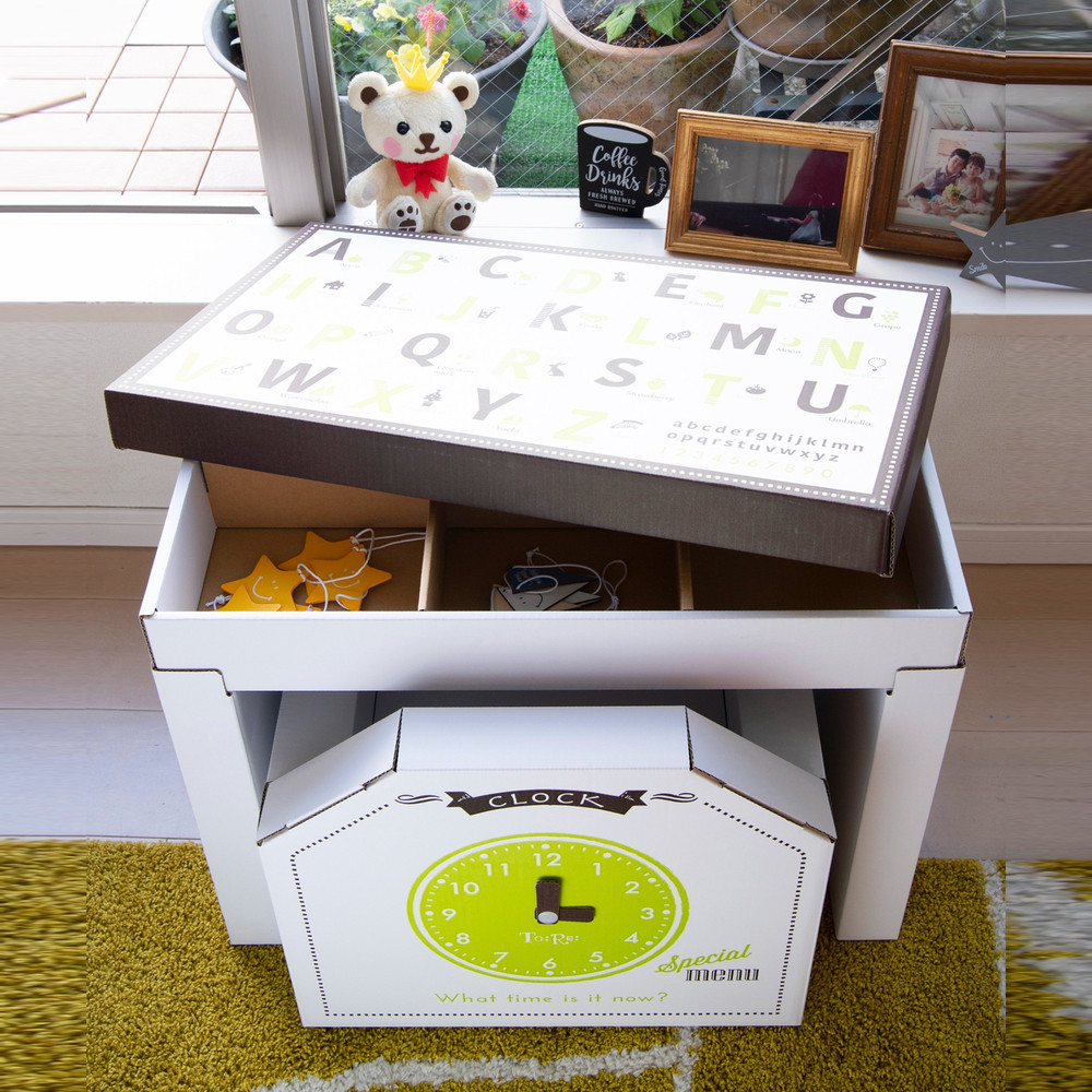 子供用ダンボール家具　ジュニアデスクチェア＆お片づけボックス＆１個・２個引き出しセット◇【白】