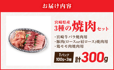 宮崎県産≪宮崎牛・豚・鶏≫3種の焼肉セット300g≪みやこんじょ快速便≫_AA-89-003-300g-R_(都城市)  宮崎県産 焼肉セット 宮崎牛バラ 豚肉(ロース又は肩ロース) 鶏モモ肉