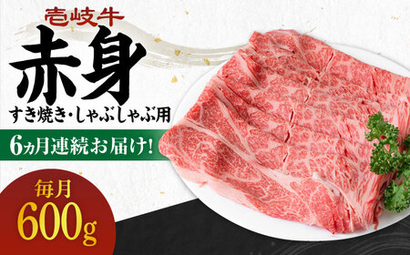 【全6回定期便】 《A4～A5ランク》壱岐牛 赤身 600g（すき焼き・しゃぶしゃぶ用）《壱岐市》【壱岐市農業協同組合】 肉 牛肉 赤身 すき焼き しゃぶしゃぶ 薄切り 赤身 [JBO114] 144000 144000円