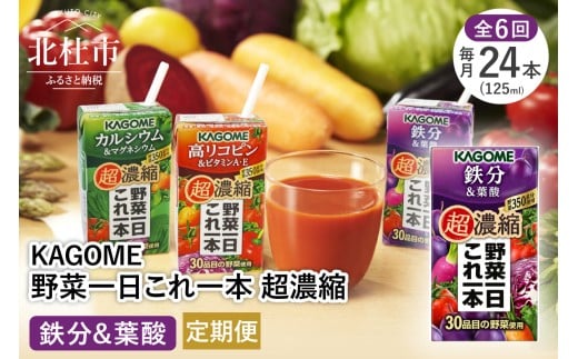 【6ヵ月定期便】カゴメ 野菜一日これ一本 超濃縮 鉄分&葉酸 125ml 紙パック 24本入 （野菜ジュース）　紙パック 24本入 野菜ジュース 濃縮ジュース 名水仕込 無添加 これ1本 野菜不足 350g 30品目 健康志向 飲料 健康食品 仕送りギフト 防災