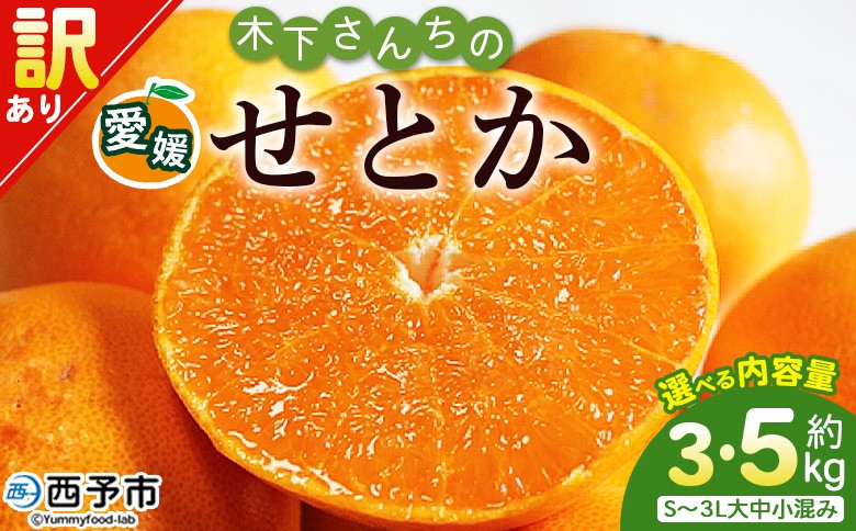 
                  木下さんちのせとか 訳あり 約3kg/5kg（S～3L大中小混み） 選べる 内容量 訳アリ 家庭用 自宅用 柑橘 ミカン みかん 蜜柑 果物 くだもの フルーツ 国産 特産品 木下農園 愛媛県 西予市【常温】『2027年2月下旬〜3月下旬に順次出荷』
                