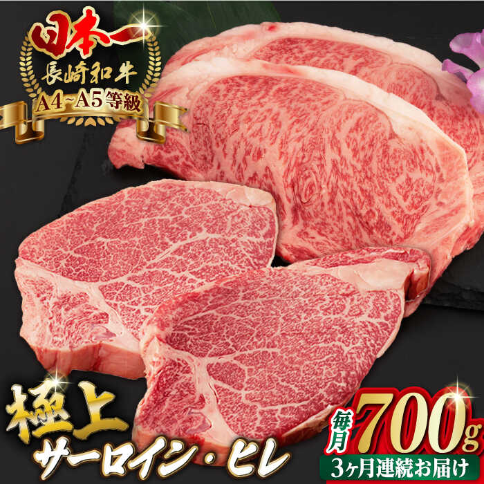 【ふるさと納税】【全3回定期便】サーロイン と ヒレ ステーキ 計700g （各4枚） 長崎和牛 A4〜A5ランク 希少部位【野中精肉店】 [VF66] 肉 牛肉 サーロインステーキ ヒレステーキ 焼肉 定期便