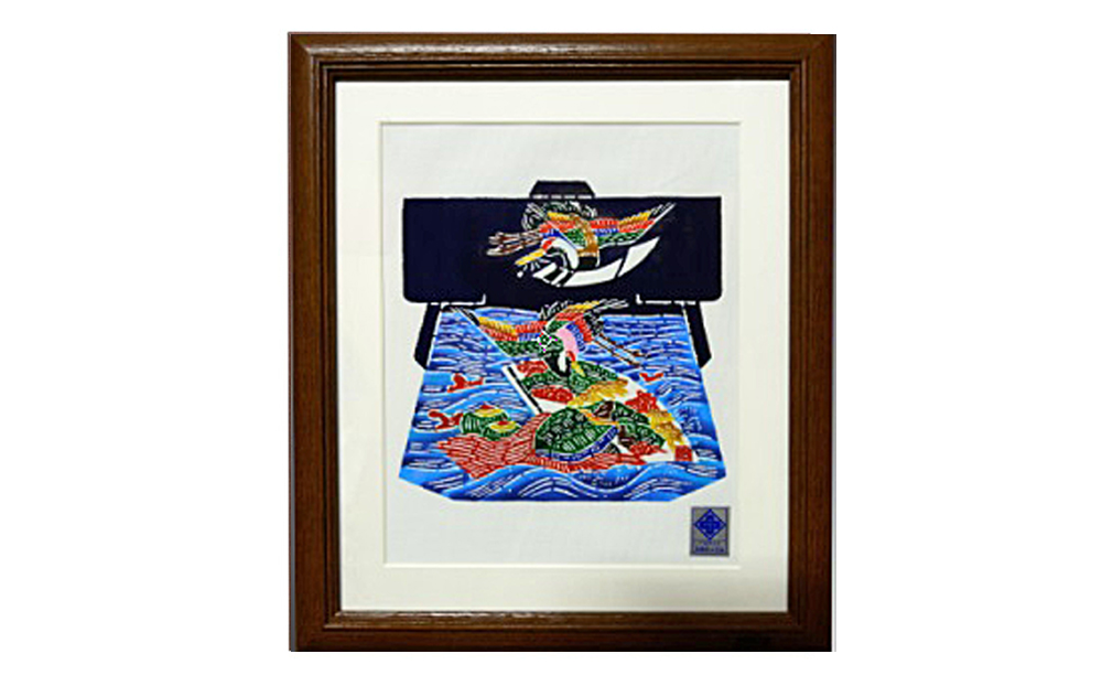 千葉県指定伝統的工芸品「萬祝染」額 六つ切りサイズ（鶴亀松竹梅）[0026-0009] 鶴亀松竹梅