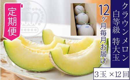 【12ヶ月定期便】クラウンメロン【並（白等級）】特大玉（1.5kg前後）3玉入り