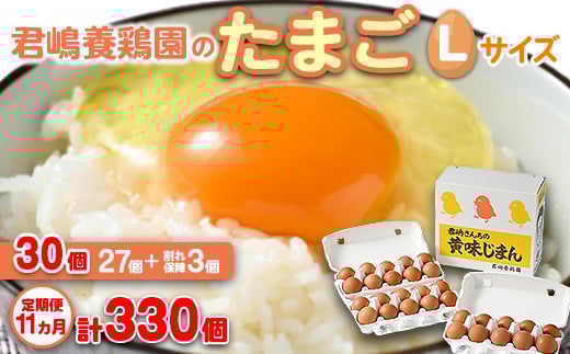 
            【11か月定期便】君嶋養鶏園のたまご Lサイズ 30個（27個＋割れ補償3個）×11ヶ月 計330個 | 定期便 11ヶ月 11か月 11ヵ月 卵 玉子 たまご 赤卵 赤たまご 生卵 国産 濃厚 鶏卵 コク 旨味
          