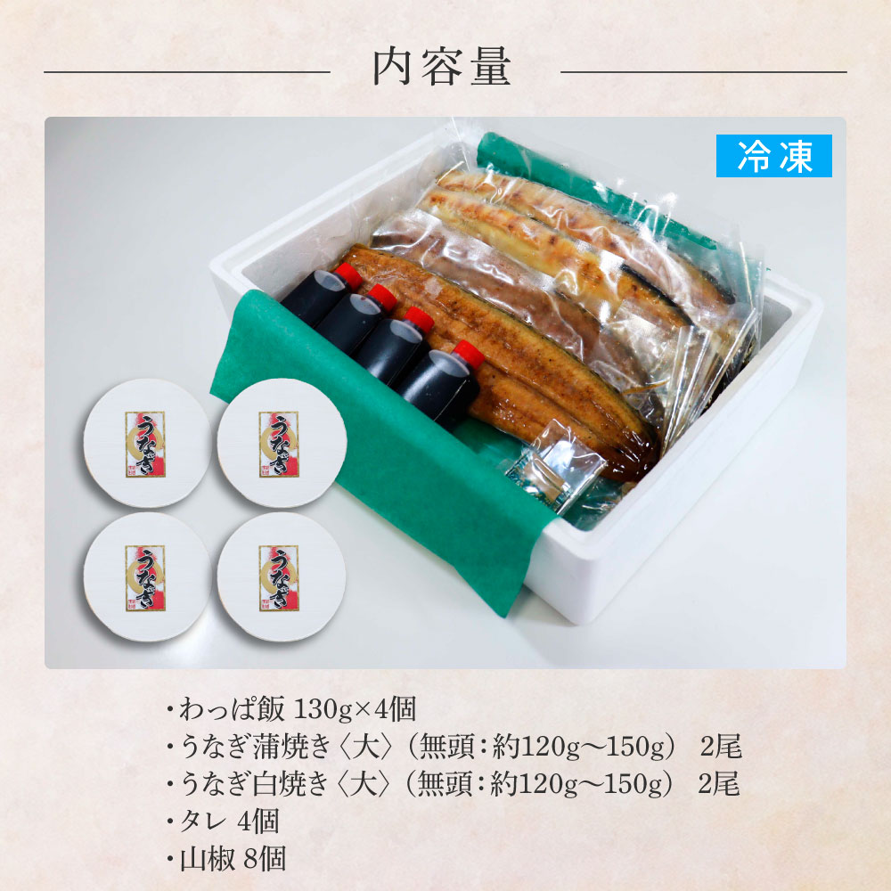 【ふるさと納税】★四国一小さなまち★田野町産うなぎのわっぱ飯4個+うなぎの蒲焼き(大)2尾+うなぎの白焼き(大)2尾 鰻 ウナギ お弁当 ご飯 ごはん めし わっぱめし かば焼き 無頭 タレ付き 山椒