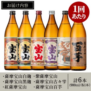 No.802 ＜定期便・全3回(連続)＞鹿児島焼酎！薩摩宝山の豪華セット(6銘柄・各900ml×1本×3回) 焼酎 酒 アルコール 芋焼酎 薩摩芋 米麹 常温 常温保存 セット 飲み比べ 定期便 頒布