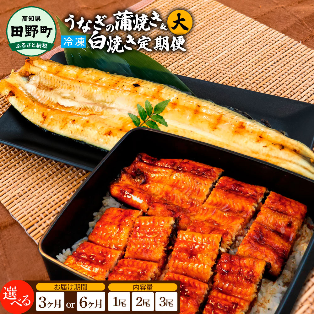 
田野町産うなぎの蒲焼き(大)+うなぎの白焼き(大) 各1尾～3尾×3回or6回 定期便 定期コース 1尾あたり120～150g タレ付き 山椒付き うなぎ 鰻 ウナギ 蒲焼き かば焼き 白焼 国産 冷凍 配送
