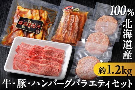 牛・豚・ハンバーグのバラエティセット＜計1.2kg＞ニークファクトリー 北海道 牛肉 豚肉 冷凍ハンバーグ ロース 味付きカルビ  十勝産豚ジンギスカン 焼肉 道産和牛100%ハンバーグ