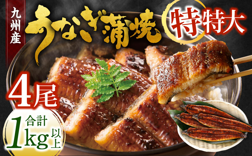 
九州産 うなぎ蒲焼 特特大4尾 (1尾あたり250～266g) 合計：1kg以上
