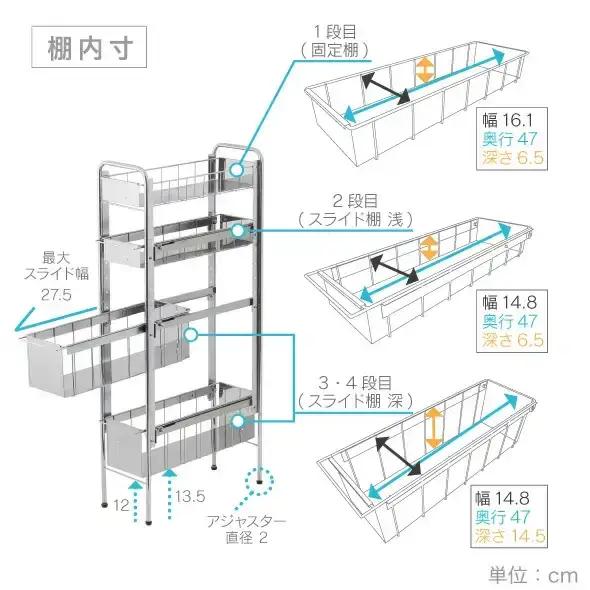 ランドリーサイドラック 4段 幅21cm 収納 隙間収納 隙間 すき間収納 すき間 ランドリー収納 ランドリーラック 洗面所収納 洗面所 ステンレス スリム スライド 段差 燕三条 日本製 YLS-1