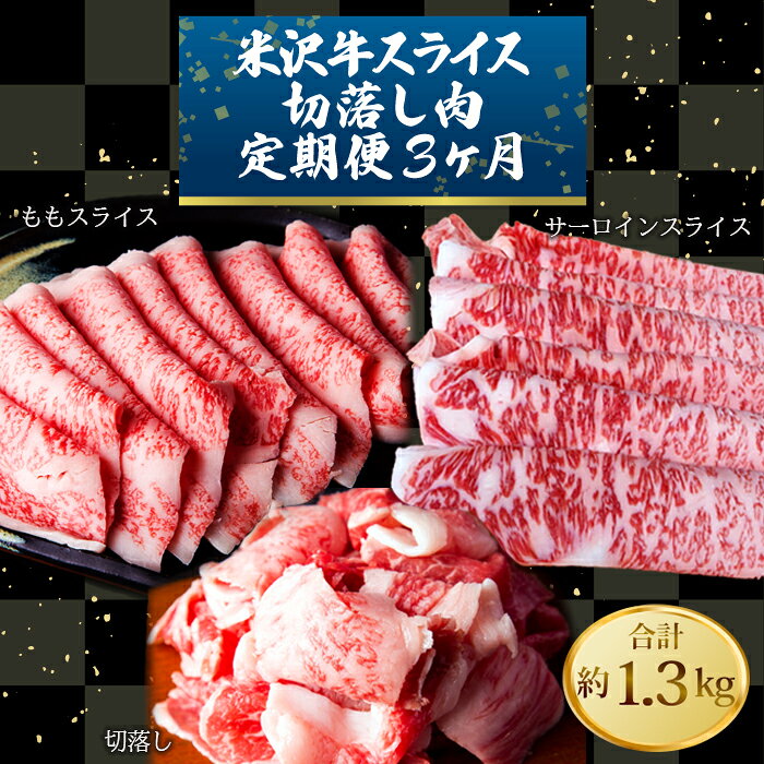 【ふるさと納税】【定期便3ヶ月】合計約1.3kg！大場の「A5ランク」米沢牛が3ヶ月連続で届く！スライス・切落し肉定期便（ももスライス、サーロインスライス、切落し）_B130