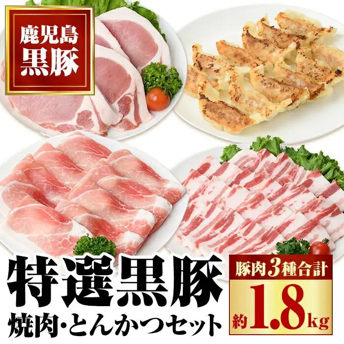 特選黒豚焼肉とんかつセット 計1.8kg バラ(焼肉用) ロース(トンカツ用) モモスライス 餃子 鹿児島 国産 しゃぶしゃぶ【和田養豚】B02075