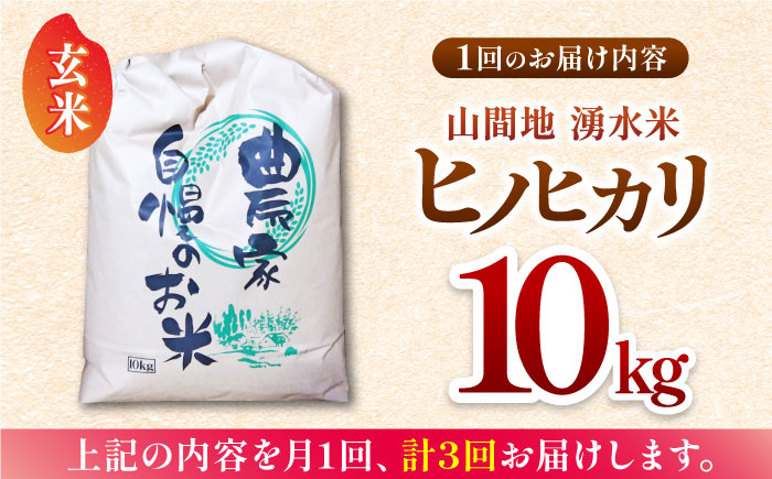 【全3回定期便】山間地 湧水米 ヒノヒカリ 玄米 10kg【「のん気・元気」百姓家】 [YAL007]