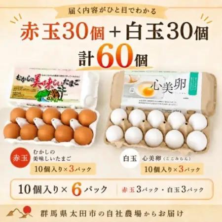 むかしの美味しい卵・心美卵 紅白食べ比べセット 60個(各30個)【配送不可地域：離島】【1748491】