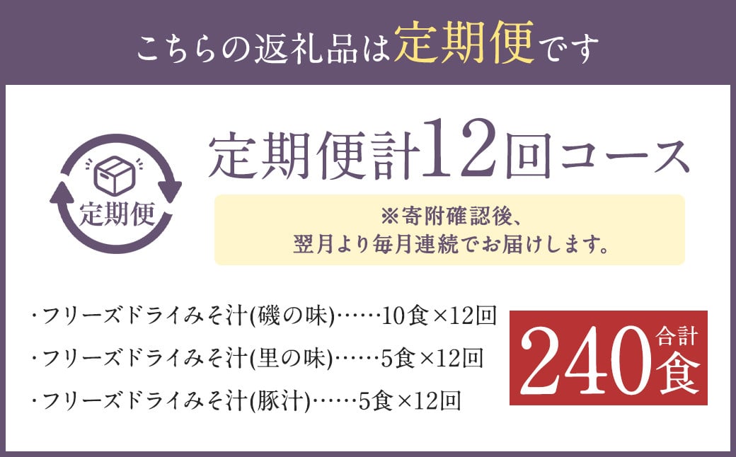 【12ヶ月定期便】フリーズドライみそ汁(磯の味&里の味&豚汁)3種20食