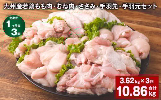 【1ヶ月毎3回定期便】 九州産若鶏もも肉・むね肉・ささみ・手羽先・手羽元セット 計約10.86kg（約3.62kg×3回） 鶏肉 お肉 セット【お申込み翌月から出荷】