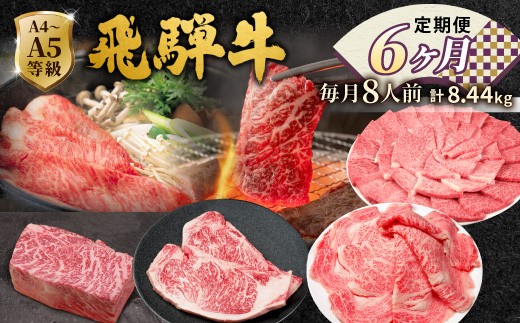 
                  全6回 飛騨牛 定期便 約8.44kg 8人前 すき焼き しゃぶしゃぶ ステーキ 焼肉 BBQ ロース カタロース ロースステーキ モモ カタ 贅沢 贈り物 6ヶ月 定期 おすすめ 選べる 人気 飛騨 ブランド牛 肉のひぐち 肉のひぐち 岐阜県 七宗町
                