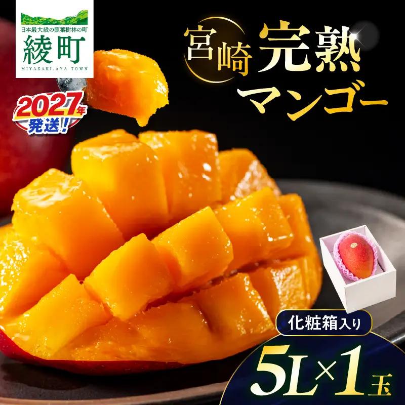 先行予約 完熟マンゴー 5L×1玉（化粧箱）マンゴー 宮崎 果物 フルーツ くだもの 2027年 国産 高級 マンゴージュース 南国フルーツ おすすめ デザート ギフト 贈り物 プレゼント 贈答 冷蔵 綾町 送料無料 【JA綾町】_A0114-2332