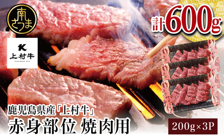 鹿児島県産 上村牛 赤身焼肉用 計600g (200g×3P) 小分け 冷凍 お肉 国産 焼肉 焼き肉 カミチク BBQ バーベキュー おうちごはん 南さつま市