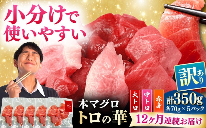 
            【全12回定期便】訳あり！対馬産 本マグロ 切り落とし 350g（5パック） ≪対馬市≫【桐谷商店】 トロの華 冷凍 新鮮 海鮮 小分け マグロ [WAQ022]
          
