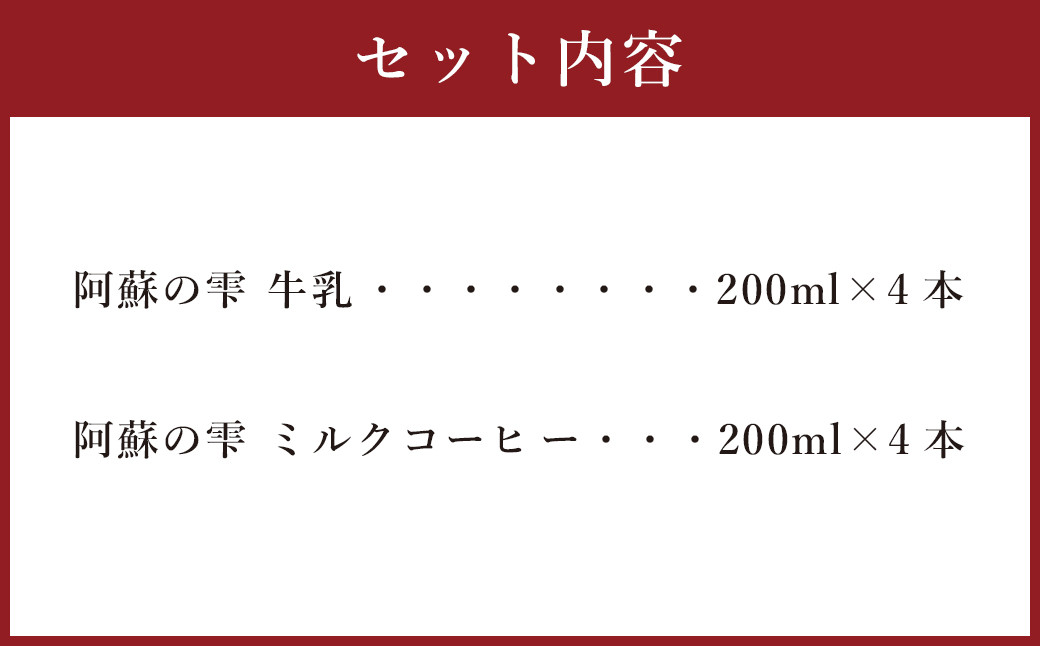 阿蘇の雫 牛乳・ミルクコーヒー 200ml×8本セット 合計1.6L ミルク コーヒー 生乳100％使用 乳飲料 ドリンク