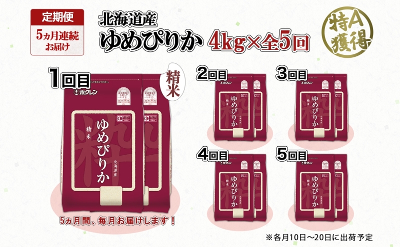 定期便 5ヵ月連続5回 北海道産 ゆめぴりか 精米 4kg 米 特A 獲得 白米 ごはん 道産 4キロ 2kg ×2袋 小分け お米 ご飯 米 北海道米 ようてい農業協同組合 ホクレン 送料無料 北海