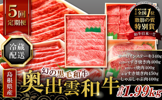 
                  【冷蔵配送】全国大会W受賞！奥出雲和牛いろいろ定期便5回【プレミアム】【牛肉 定期便 5回 サーロインステーキ 肩ロースすき焼き肉 肩ロース焼肉 赤身すき焼き肉 しゃぶしゃぶ肉 ステーキ すき焼き 焼肉 しゃぶしゃぶ 人気 冷蔵 国産 奥出雲和牛 黒毛和牛 ブランド牛 お祝い プレゼント ギフト】
                