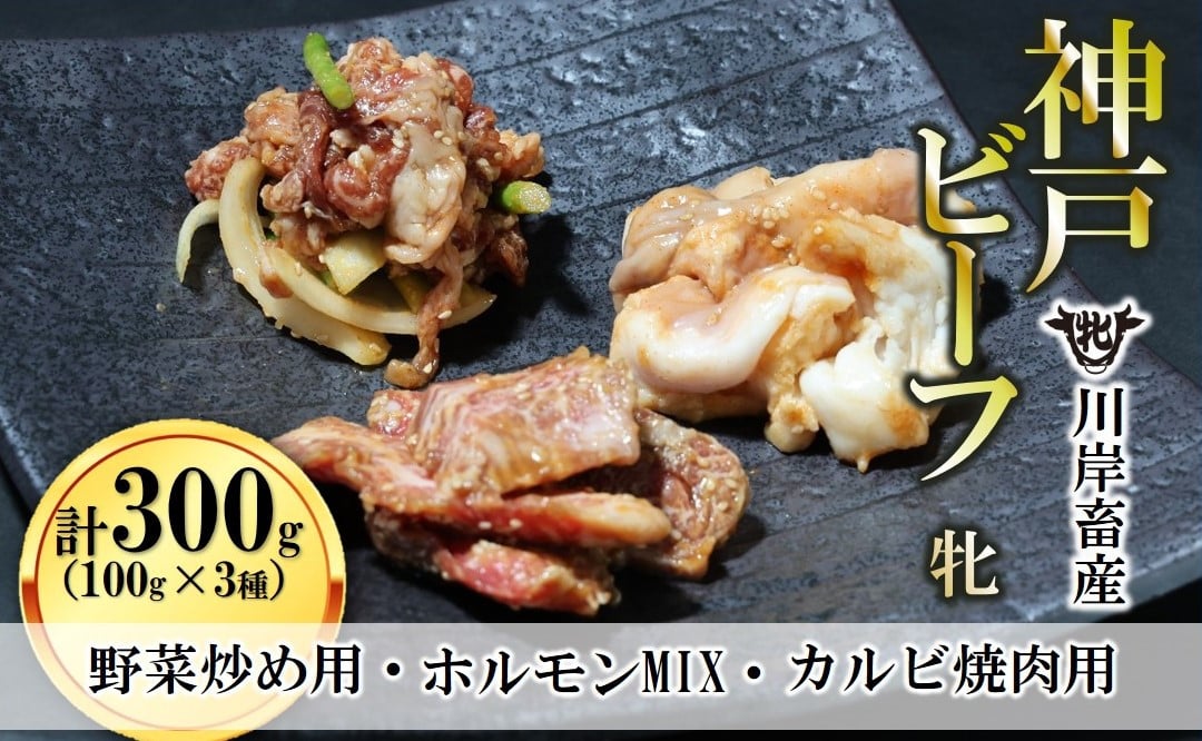 
            【神戸牛 牝】焼き肉用 味付け肉 3種 計300g（100g×3種）川岸畜産(09-27)
          