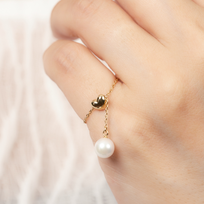 可愛い♪艶やかアコヤ真珠とチェーン＆ハートのフリーリング ジュエリー アクセサリー リング 指輪 真珠 パール K18 チェーンリング 美穂野 佐賀市 ：B850-017_イメージ5