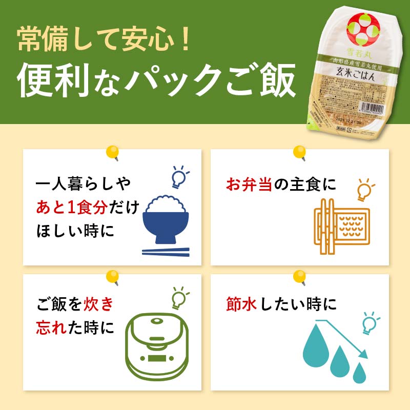 FYN9-982 【定期便3回】山形県産 雪若丸 玄米ごはん パックご飯 24個セット×3回 玄米 パックライス パック ごはん ライス こめ 米 ゆきわかまる ブランド米 簡単 手軽 時短 保存食 